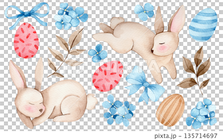 Easter set with cute watercolor Easter bunnies, flowers, bows and ribbons in pastel colors Easter set with cute watercolor Easter bunnies, flowers, bows and ribbons in pastel colors 135714697
