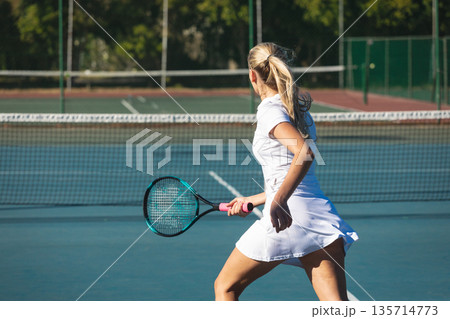 Female tennis player turning near net, preparing swing with racket on blue hard court, copy space Female tennis player turning near net, preparing swing with racket on blue hard court, copy space 135714773