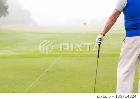 Standing Senior African American man holding club, wearing glove, facing flag on green, copy space 135714824