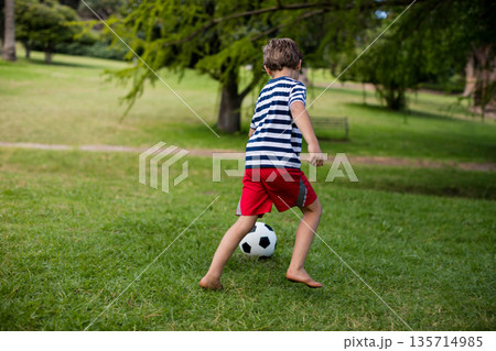 Black-and-white soccer ball rolling across sunny park lawn near wooden bench under tree branches Black-and-white soccer ball rolling across sunny park lawn near wooden bench under tree branches 135714985