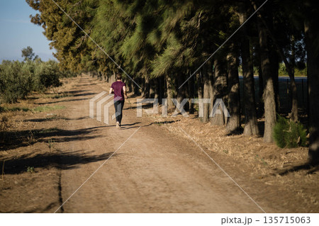 Male jogger running along dirt trail between evergreen trees and shrubs under sunny sky 135715063