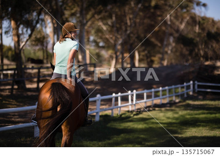 Female rider riding bay horse with saddle bridle wearing helmet on paddock by white wooden fence 135715067