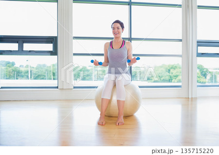 Woman wearing gray tank top balancing on stability ball in fitness studio holding blue dumbbells Woman wearing gray tank top balancing on stability ball in fitness studio holding blue dumbbells 135715220