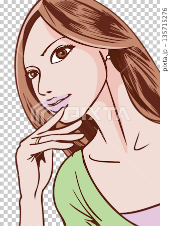 一位長髮女子麵帶微笑,手托著下巴。 一位長髮女子麵帶微笑,手托著下巴。 135715276