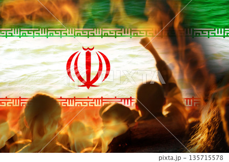 Uprising Iran 2026. Protest in Iran. People and waving flame flag background. Public demonstration in Tehran Uprising Iran 2026. Protest in Iran. People and waving flame flag background. Public demonstration in Tehran 135715578