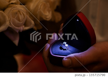 Romantic proposal moment with diamond ring in heart-shaped box and white roses in soft lighting Romantic proposal moment with diamond ring in heart-shaped box and white roses in soft lighting 135715790