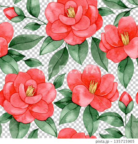 Watercolor illustration seamless pattern of pink camellia flowers. Watercolor illustration seamless pattern of pink camellia flowers. 135715905