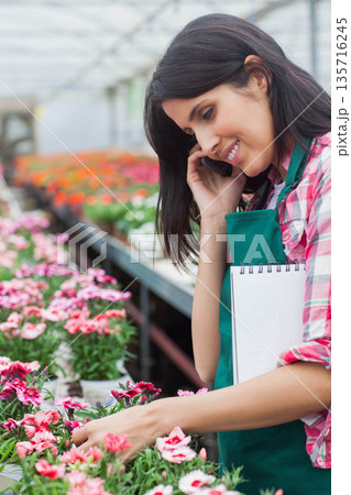 Adult female inspecting pink blooms in nursery with green apron, holding phone, notepad, copy space Adult female inspecting pink blooms in nursery with green apron, holding phone, notepad, copy space 135716245