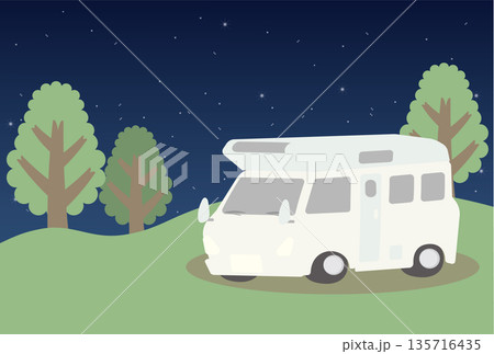夜の山でキャンピングカーが停泊しているイラスト 夜の山でキャンピングカーが停泊しているイラスト 135716435