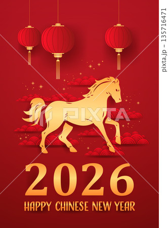 Fire Horse Chinese New Year 2026 red lanterns golden clouds festive background traditional Asian art Fire Horse Chinese New Year 2026 red lanterns golden clouds festive background traditional Asian art 135716471