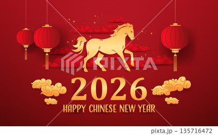 Fire Horse Chinese New Year 2026 red lanterns golden clouds festive background traditional Asian art 135716472