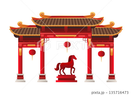 Fire Horse Chinese New Year 2026 celebration traditional red gate lanterns horse statue festive architecture isolated on white Fire Horse Chinese New Year 2026 celebration traditional red gate lanterns horse statue festive architecture isolated on white 135716473
