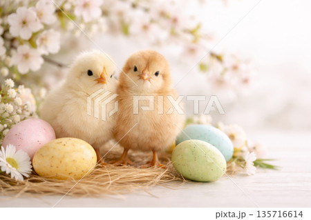 Chicks with Easter eggs under blooming cherry tree in garden. 135716614