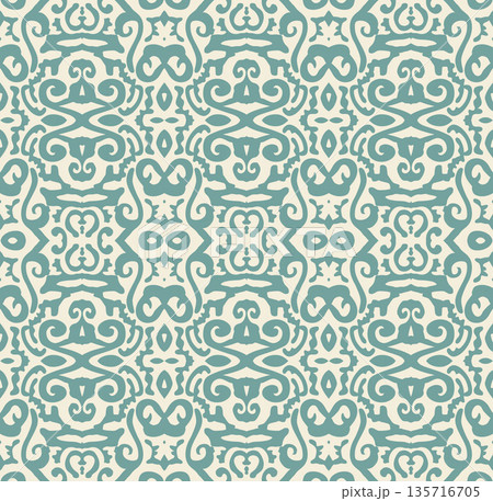 Teal Ornamental Seamless Pattern Background Illustration in Vintage Baroque Style, Surface Pattern for Fabric and Wallpaper Teal Ornamental Seamless Pattern Background Illustration in Vintage Baroque Style, Surface Pattern for Fabric and Wallpaper 135716705