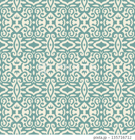 Teal Ornamental Seamless Pattern Background Illustration in Vintage Baroque Style, Surface Pattern for Fabric and Wallpaper Teal Ornamental Seamless Pattern Background Illustration in Vintage Baroque Style, Surface Pattern for Fabric and Wallpaper 135716712