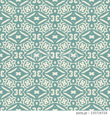 Teal Ornamental Seamless Pattern Background Illustration in Vintage Baroque Style, Surface Pattern for Fabric and Wallpaper Teal Ornamental Seamless Pattern Background Illustration in Vintage Baroque Style, Surface Pattern for Fabric and Wallpaper 135716728