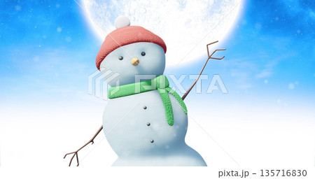 Image of snow falling over snowman waving hand 135716830