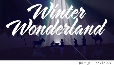 Image of winter wonderland text over nativity at christmas 135716905