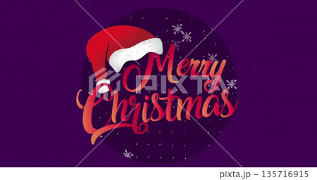 Merry Christmas text with Santa hat and snowflakes image on purple background 135716915