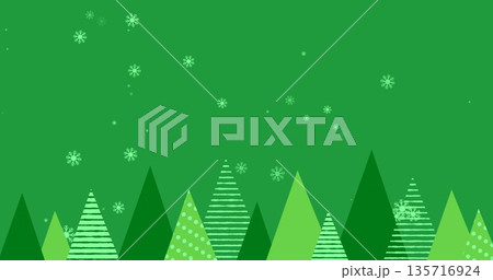Image of snowflakes over christmas trees on green background 135716924
