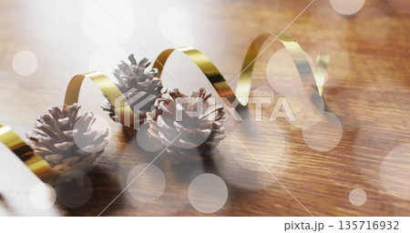 Image of light spots over pines and christmas decorations 135716932