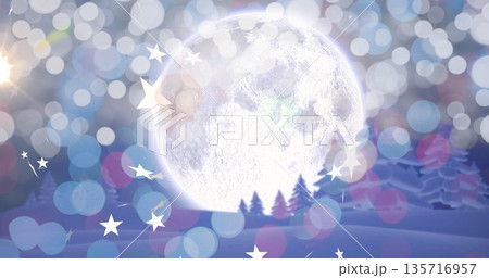 Image of stars and light spots over winter landscape with trees and moon at christmas 135716957