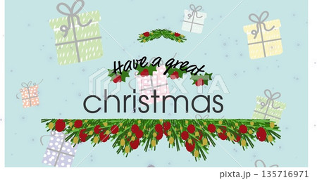 Image of have a great christmas text over snow and presents on blue background Image of have a great christmas text over snow and presents on blue background 135716971