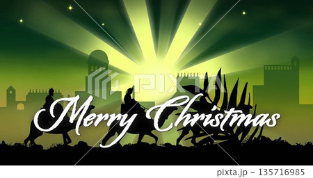 Image of merry christmas text over christmas bethlehem on green background 135716985