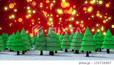 Image of glowing spot lights over christmas trees in winter scenery Image of glowing spot lights over christmas trees in winter scenery 135716987