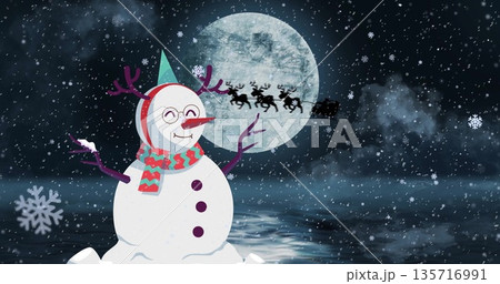 Image of snowman over snow falling and santa in sleigh Image of snowman over snow falling and santa in sleigh 135716991