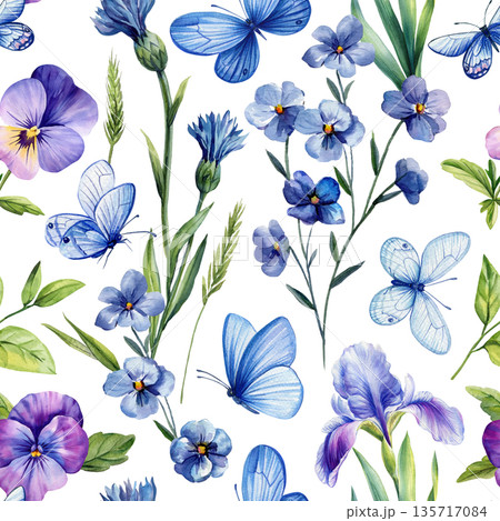 Blue butterfly watercolor pattern with iris pansy cornflowers and wildflowers on white background for spring textile and wrapping Blue butterfly watercolor pattern with iris pansy cornflowers and wildflowers on white background for spring textile and wrapping 135717084