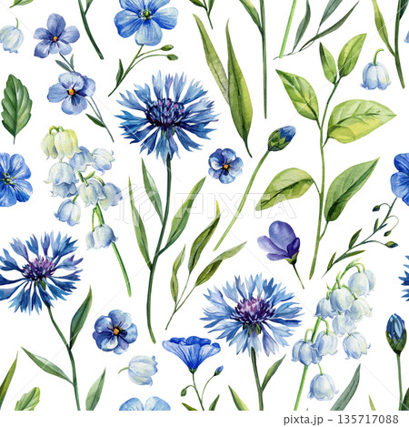 Blue cornflower watercolor pattern with bluebells flax flowers and leaves on white background for spring fabric and wallpaper Blue cornflower watercolor pattern with bluebells flax flowers and leaves on white background for spring fabric and wallpaper 135717088