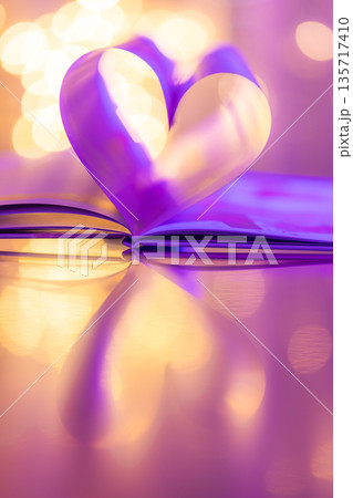 Vertical purple and gold Valentines Day heart decoration, blurred bokeh background, romantic love lights, elegant artistic holiday design, luxury romance concept 135717410
