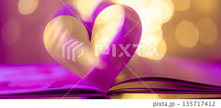 Romantic vertical Valentines Day heart in purple and gold, folded book pages with soft bokeh blur, love lights background, luxury artistic holiday design Romantic vertical Valentines Day heart in purple and gold, folded book pages with soft bokeh blur, love lights background, luxury artistic holiday design 135717412