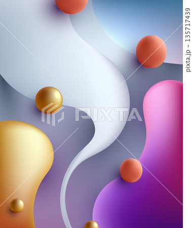 Abstract 3d background with fluid layers and floating spheres featuring gold and pink gradients for modern digital art and luxury brand presentation backdrop Abstract 3d background with fluid layers and floating spheres featuring gold and pink gradients for modern digital art and luxury brand presentation backdrop 135717439