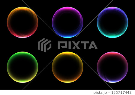 Glowing neon abstract circles set with wavy lines and futuristic gradients on black background for high tech digital design elements 135717442
