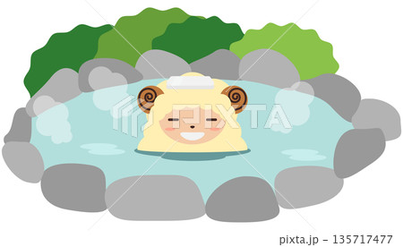 かわいい干支の羊（未年）が露天風呂に使っているイラスト素材 135717477