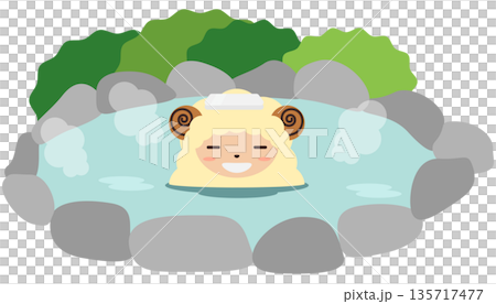 かわいい干支の羊（未年）が露天風呂に使っているイラスト素材 135717477