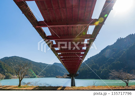 静岡県浜松市船明ダム湖　冬の夢のかけ橋　橋の構造と橋脚 135717796