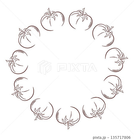 Wreath with Tomato in line art style isolated on white background. Design for grocery store packaging. Wreath with Tomato in line art style isolated on white background. Design for grocery store packaging. 135717806