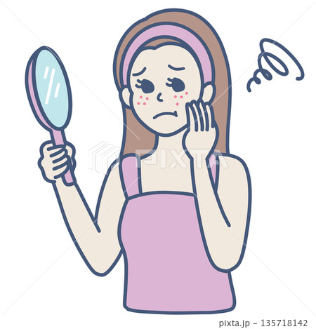 手鏡を持つ肌に悩みがある女性のイラスト素材 135718142