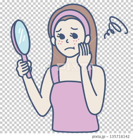 手鏡を持つ肌に悩みがある女性のイラスト素材 135718142