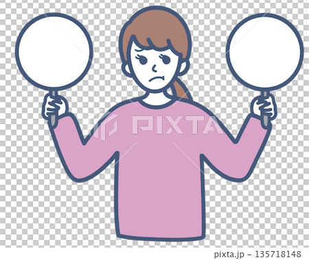 Illustration material of a woman holding a two-choice card Illustration material of a woman holding a two-choice card 135718148