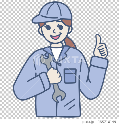 插畫素材:一位身穿工作服的女性豎起大拇指 插畫素材:一位身穿工作服的女性豎起大拇指 135718149