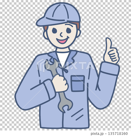 サムズアップする作業服の男性 135718160