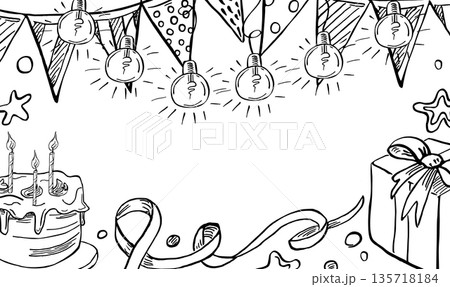 A rectangular frame with festive flags, light garlands, a cake, and a gift box. Vector illustration for birthday invitations, children's book designs, and nursery interiors. 135718184
