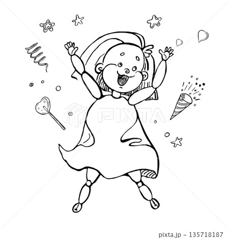 A happy girl surrounded by stars, a lollipop, a party popper, and streamers. Vector illustration for greeting card design, holiday event posters, and children's interior design. 135718187