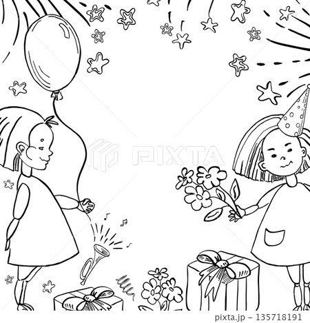 A square frame with girls holding a balloon, flowers, and gift boxes. Sketch-style vector illustration for book design, coloring books, children's interiors, Valentine's Day cards, and events. A square frame with girls holding a balloon, flowers, and gift boxes. Sketch-style vector illustration for book design, coloring books, children's interiors, Valentine's Day cards, and events. 135718191