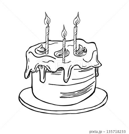 A cake with three candles on a stand. Vector illustration in sketch style for book design, coloring books, children's interiors, holiday cards, events, and fabric printing. A cake with three candles on a stand. Vector illustration in sketch style for book design, coloring books, children's interiors, holiday cards, events, and fabric printing. 135718233