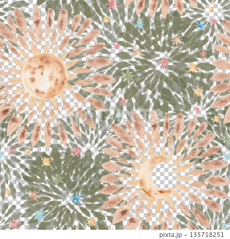 A seamless pattern with a stylized crescent moon and crescent. Watercolor illustration of plants on a dark background for interior design, printing on fabric, posters, and home textiles. A seamless pattern with a stylized crescent moon and crescent. Watercolor illustration of plants on a dark background for interior design, printing on fabric, posters, and home textiles. 135718251